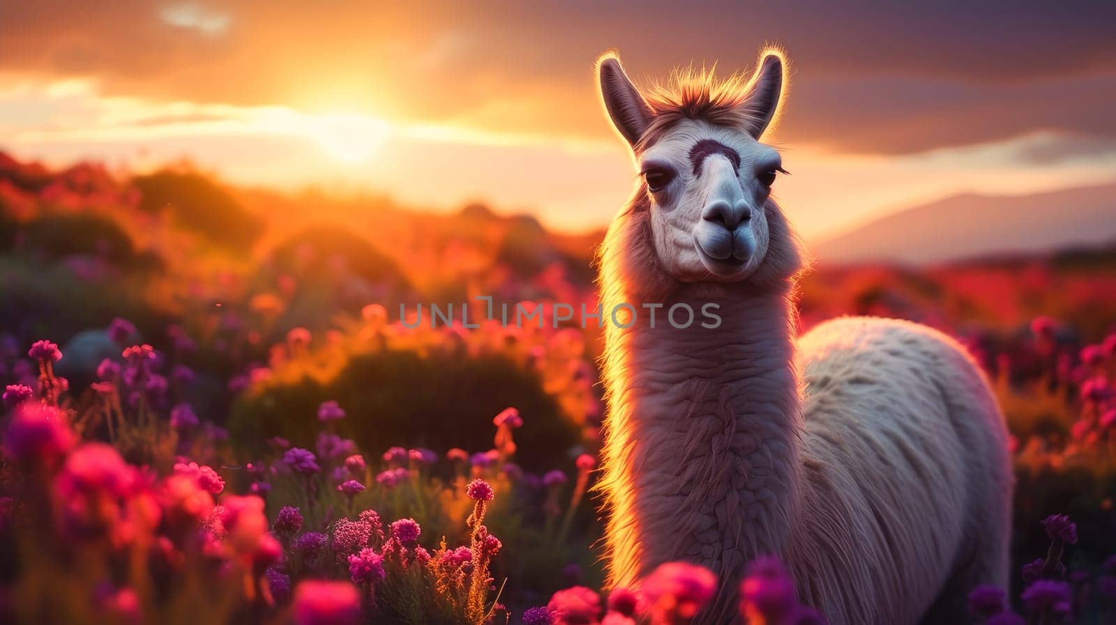 Cute, beautiful llama in a field with flowers in nature, in sunny pink rays. by Alla_Yurtayeva