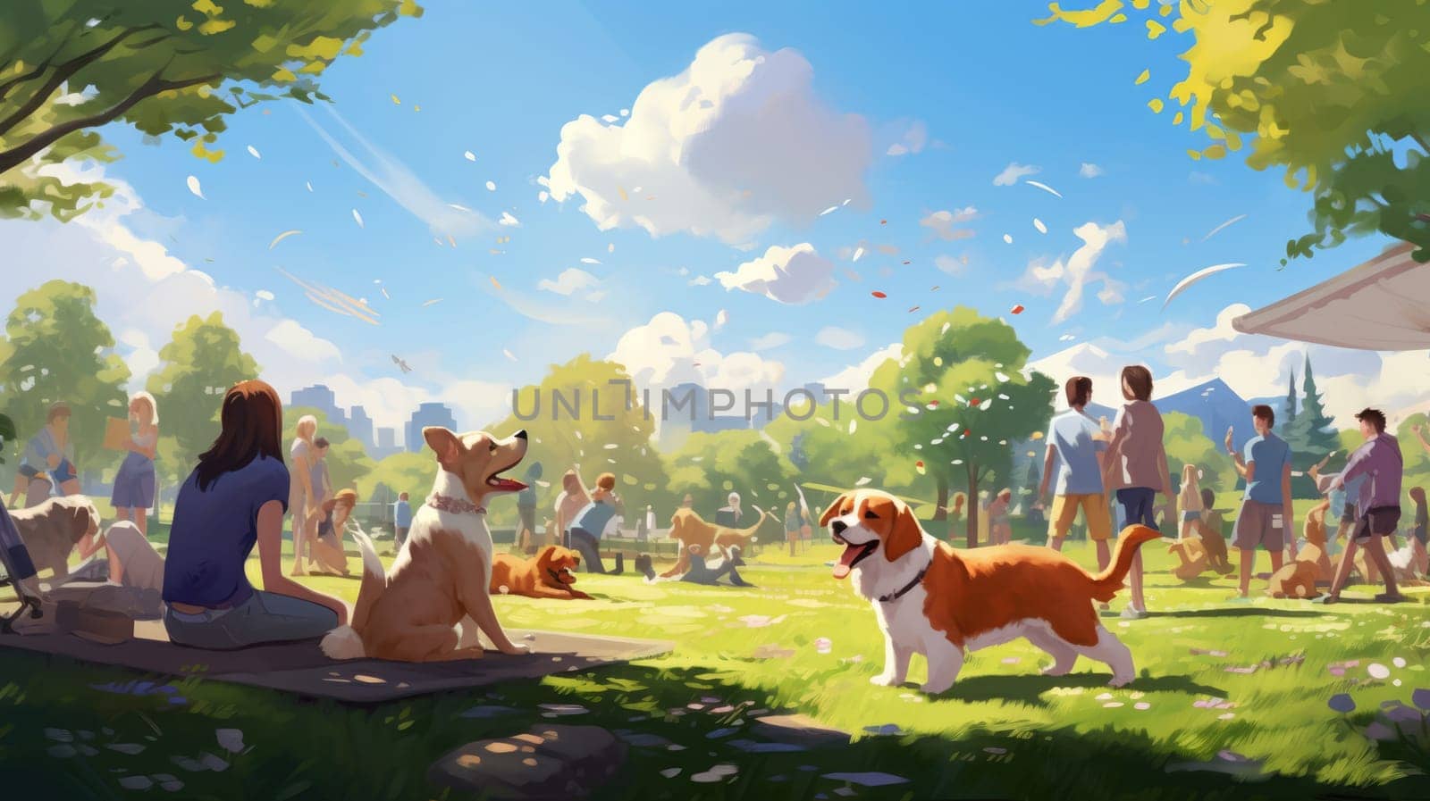 Dog park watercolor illustration - AI generated. Dogs, park, people, grass, tree.