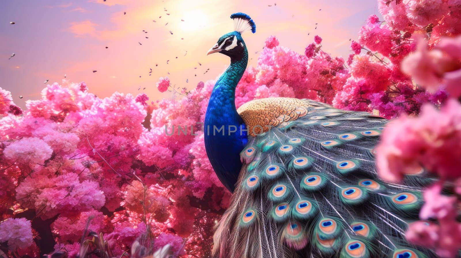 Cute, beautiful peacock in a field with flowers in nature, in sunny pink rays. Environmental protection, nature pollution problem, wild animals. Advertising travel agency, pet store, veterinary clinic, phone screensaver, beautiful pictures, puzzles