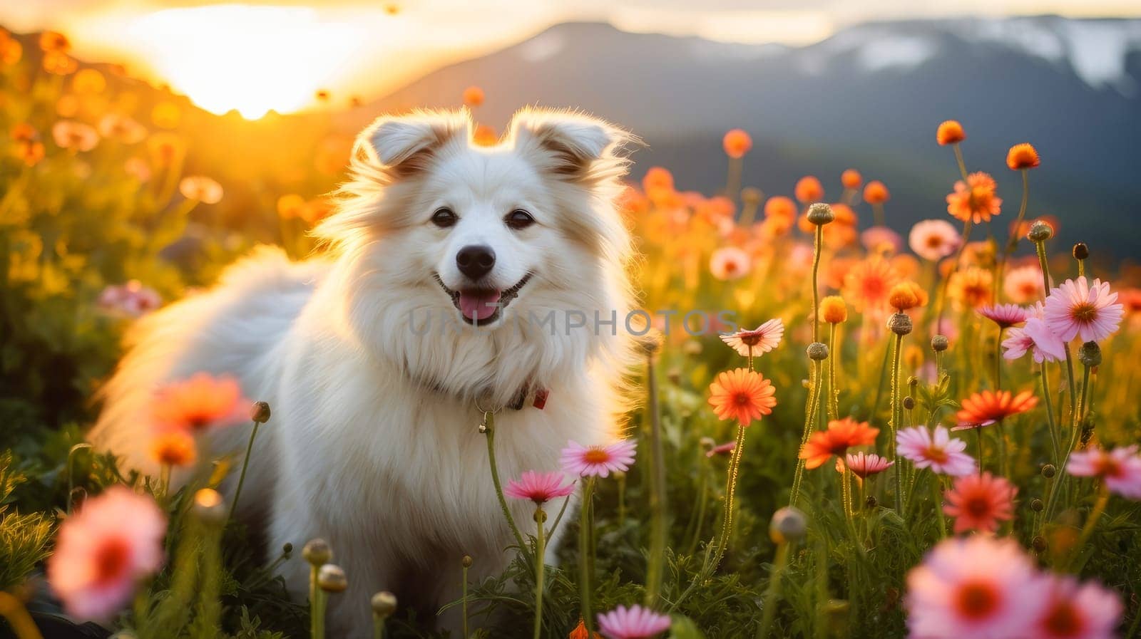 Cute, beautiful dog in a field with flowers in nature, in sunny pink rays. Environmental protection, nature pollution problem, wild animals. Advertising for a travel agency, pet store, veterinary clinic, phone screensaver, beautiful pictures, puzzles