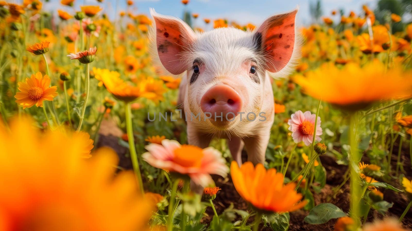 Cute, beautiful pig in a field with flowers in nature, in sunny pink rays. Environmental protection, nature pollution problem, wild animals. Advertising for a travel agency, pet store, veterinary clinic, phone screensaver, beautiful pictures, puzzles