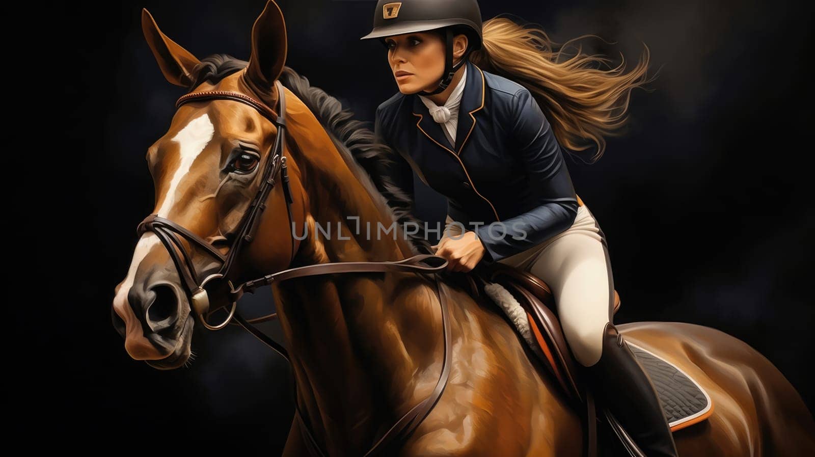 Equestrian harmony photo realistic illustration - Generative AI. Horse, woman, rider, reins. by simakovavector