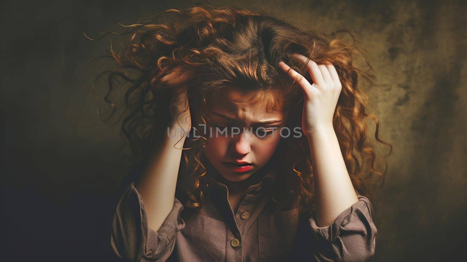 Portrait of a sad, lonely, woman with family problems, smoking addiction, domestic violence. A young girl in despair, anger holds her head with her hands, pain in the throat.