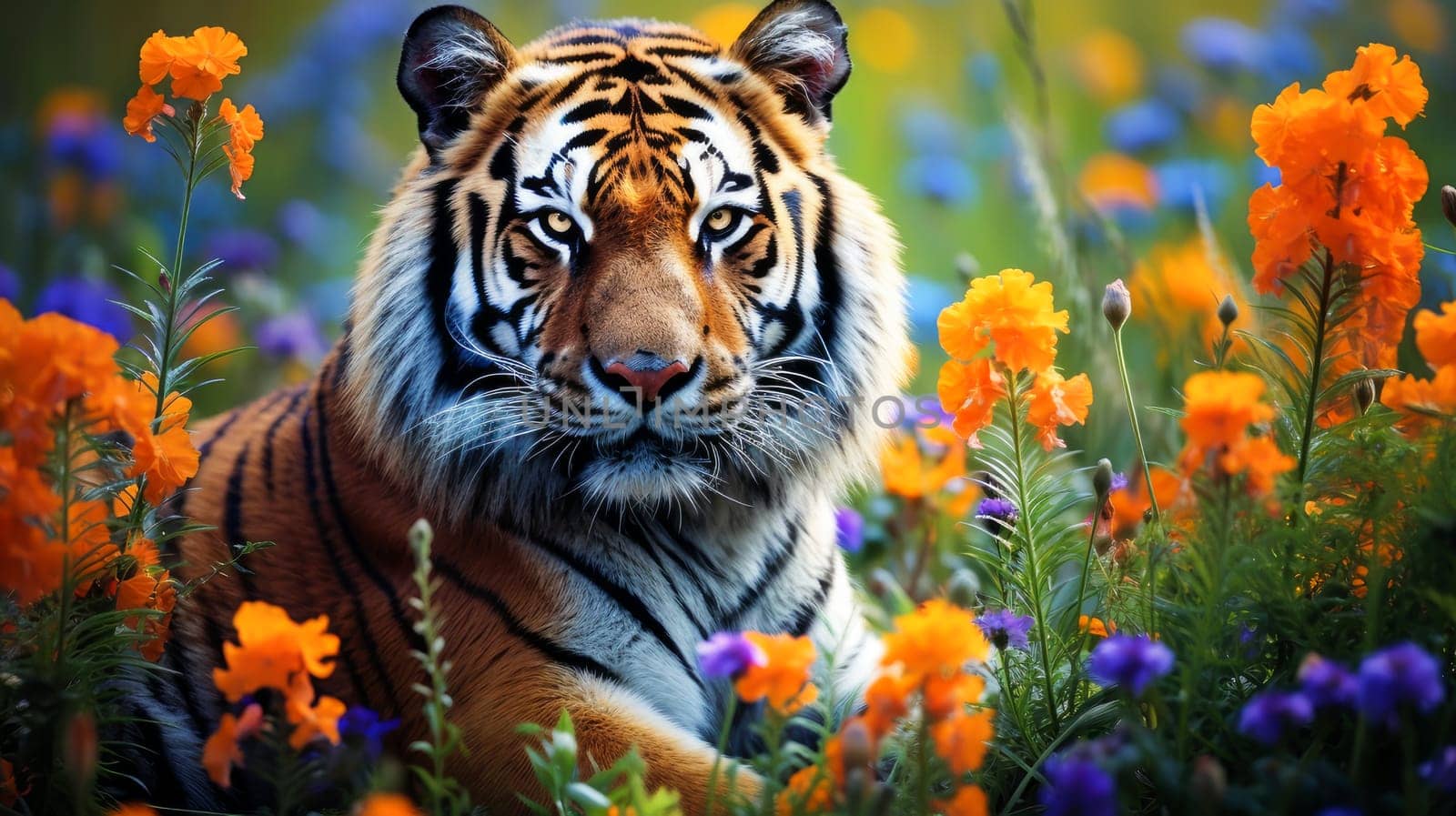 Cute, beautiful tiger in a field with flowers in nature, in sunny pink rays. Environmental protection, nature pollution problem, wild animals. Advertising for travel agency, pet store, veterinary clinic, phone screensaver, beautiful pictures, puzzles