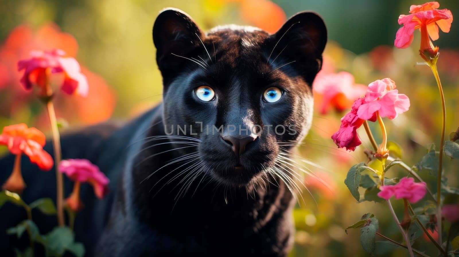 Cute, beautiful panther in a field with flowers in nature, in sunny pink rays. Environmental protection, nature pollution problem, wild animals. Advertisingtravel agency, pet store, veterinary clinic, phone screensaver, beautiful pictures, puzzles
