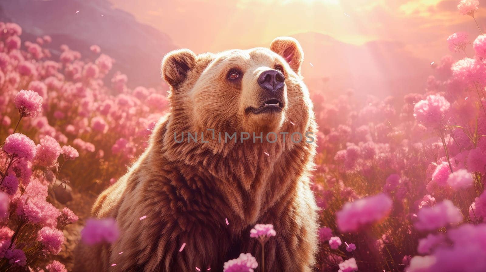 Cute, beautiful bear in a field with flowers in nature, in sunny pink rays. Environmental protection, nature pollution problem, wild animals. Advertising for a travel agency, pet store, veterinary clinic, phone screensaver, beautiful pictures, puzzle