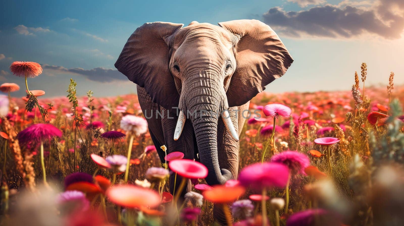 Cute, beautiful elephant in a field with flowers in nature, in sunny pink rays. Environmental protection, nature pollution problem, wild animals. Advertising travel agency, pet store, veterinary clinic, phone screensaver, beautiful pictures, puzzles