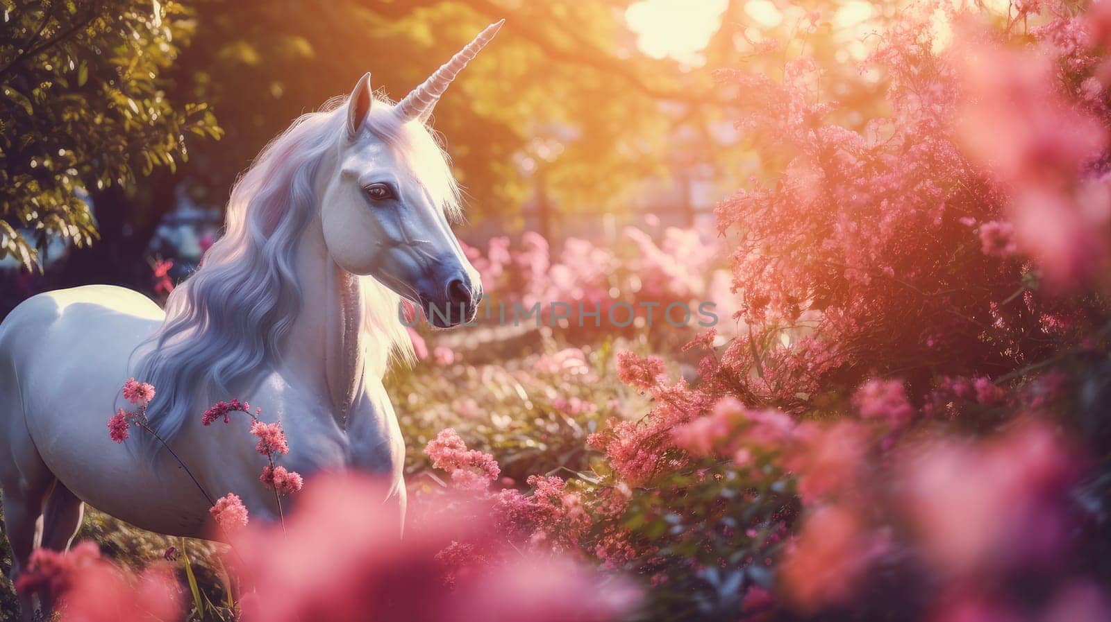 Fairytale unicorn in a field with flowers in pink. Environmental protection, the problem of ocean and nature pollution. Advertising for a travel agency, pet store, veterinary clinic, phone screensaver, beautiful pictures, puzzles