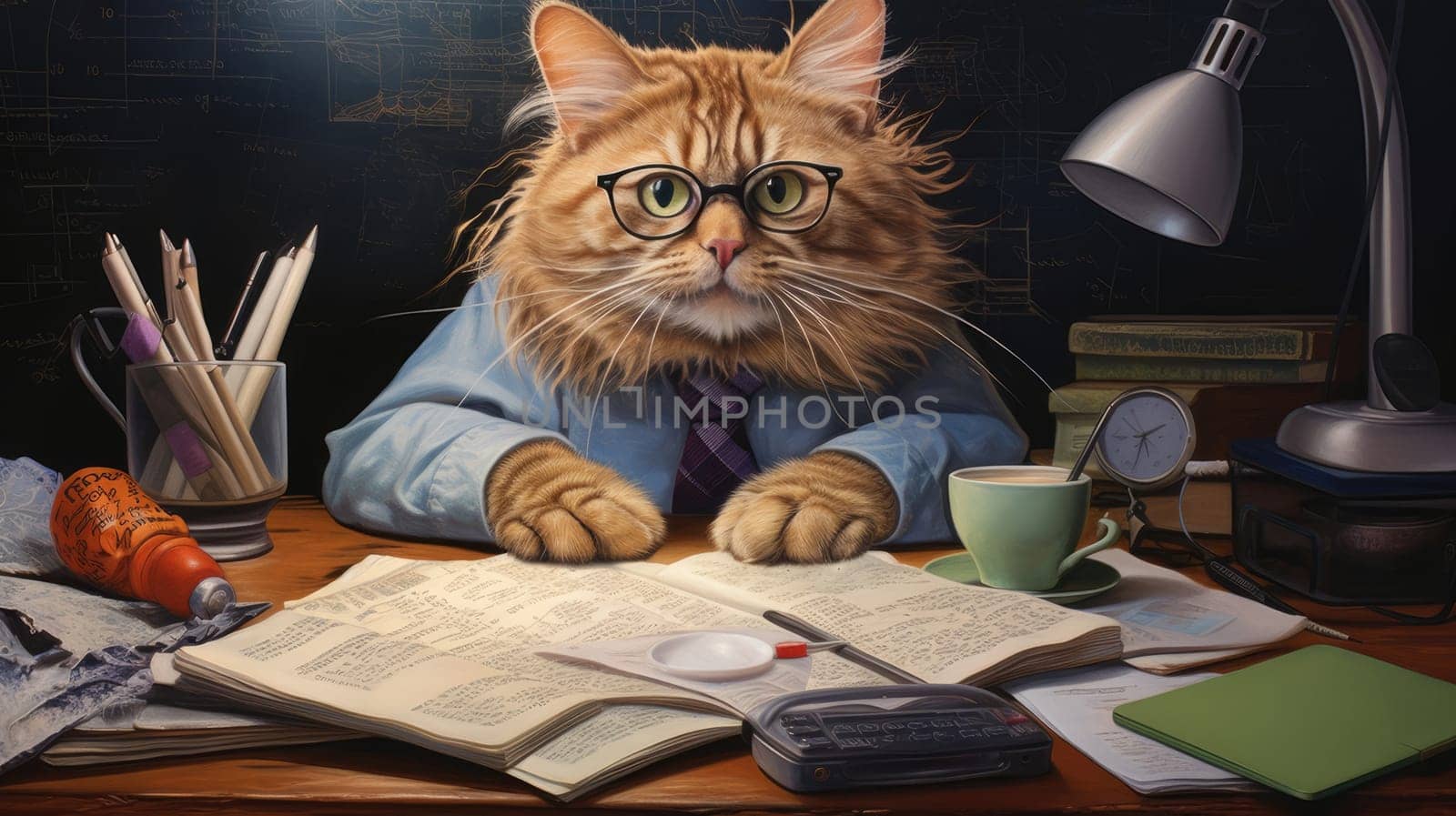 Feline curiosity at work photo realistic illustration - AI generated. Cat, glasses, tie, table, paper.
