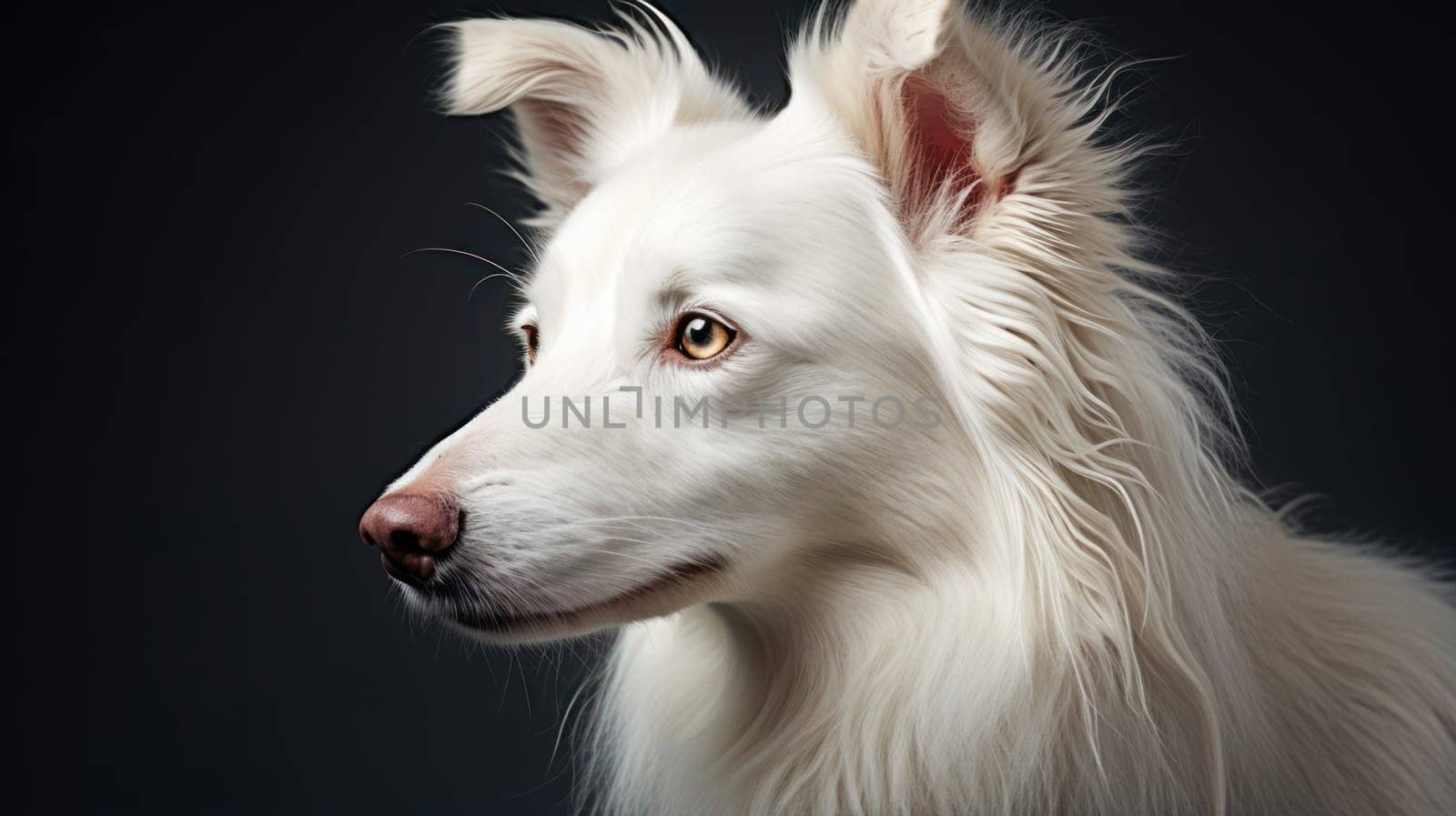 Big and cute white and fluffy dog. Advertising holidays for animals, travel agency, pet store, modern training and courses, animators, holiday goods, veterinary medicine, veterinary pharmacy.