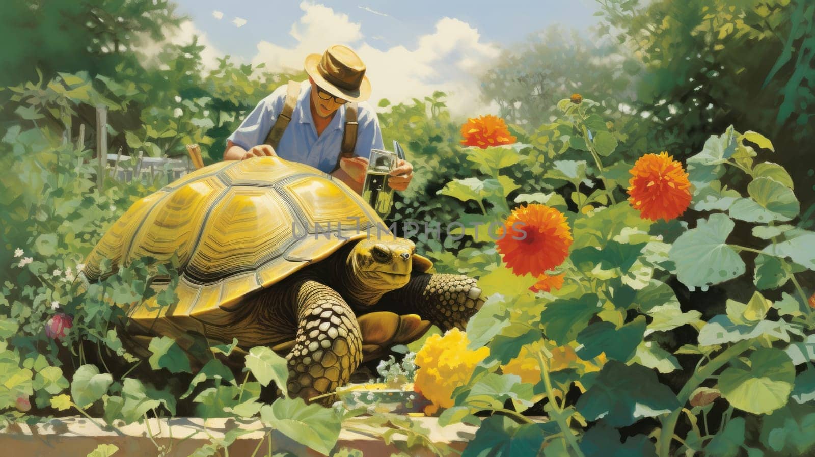 Gardening with a tortoise photo realistic illustration - Generative AI. Big, turtle, man, flower, garden. by simakovavector