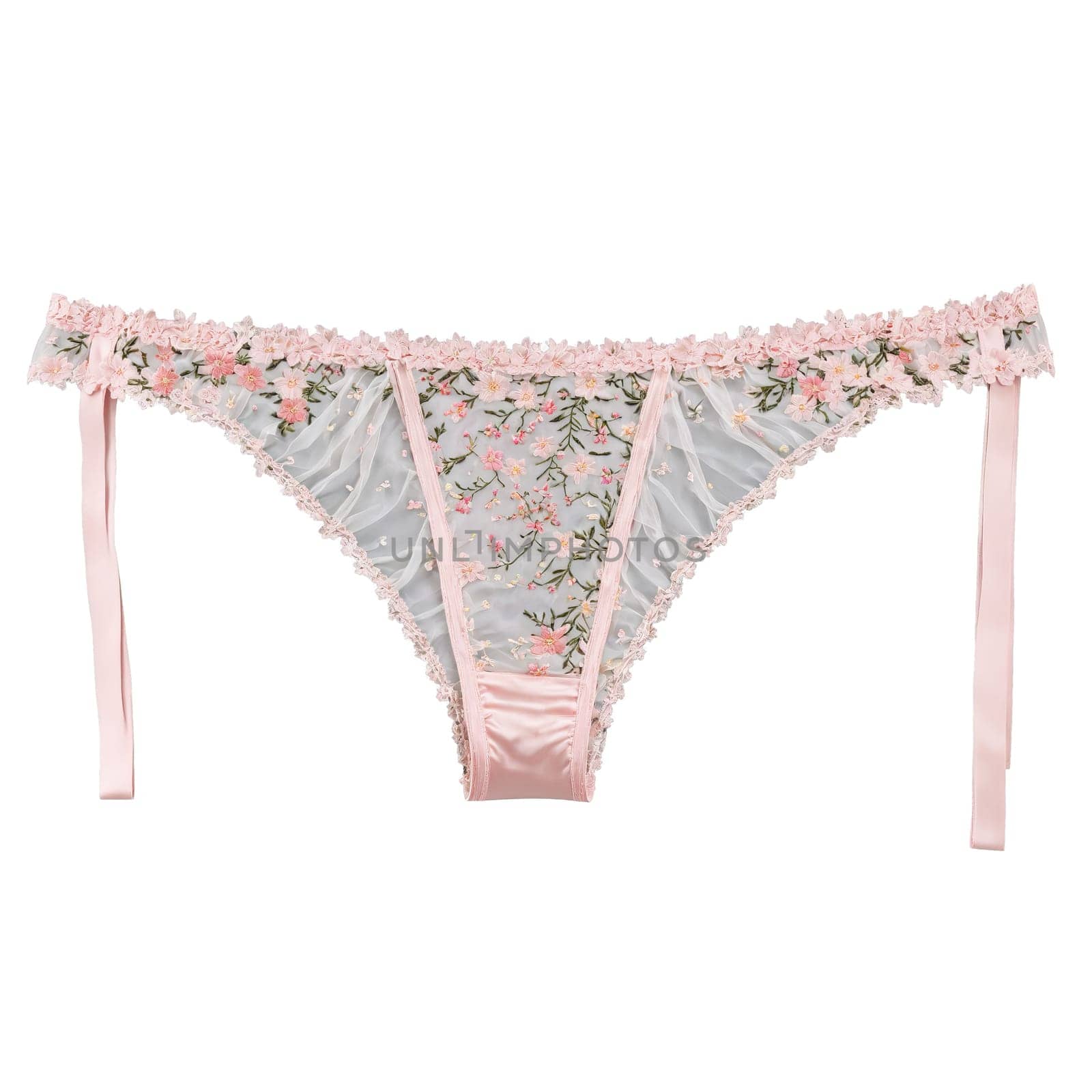 Floral Blush pink garter belt with delicate floral embroidery on soft even lighting romantic pastel by panophotograph