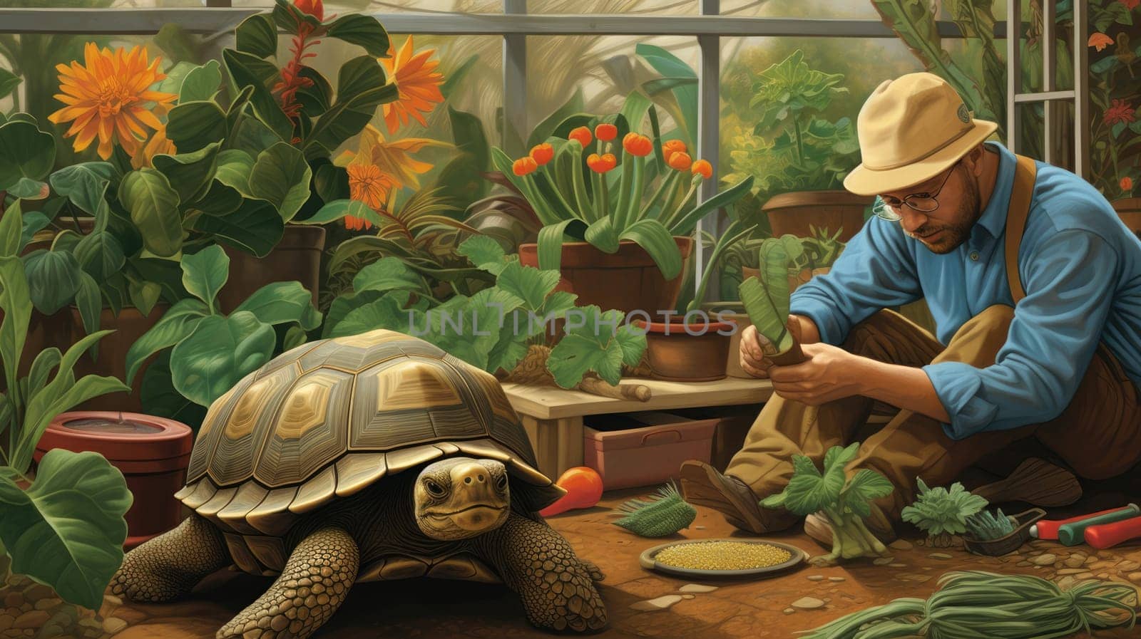 Gardening with a tortoise photo realistic illustration - AI generated. Big, turtle, man, flower, garden.