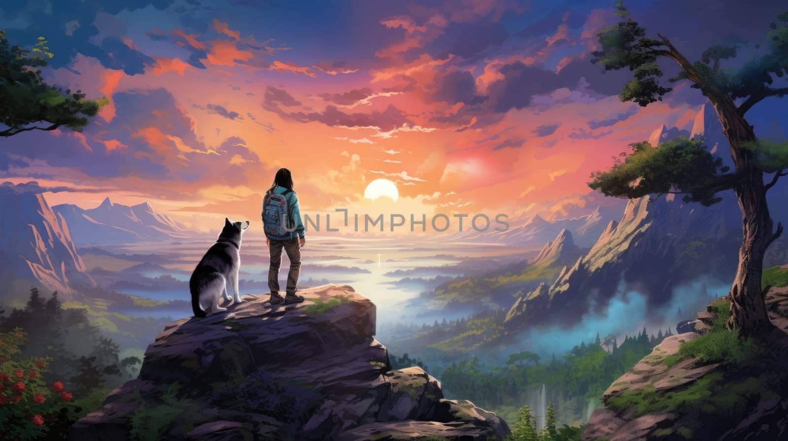 Hiking with husky photo realistic illustration - Generative AI. Husky, dog, man, mountain, sunset. by simakovavector