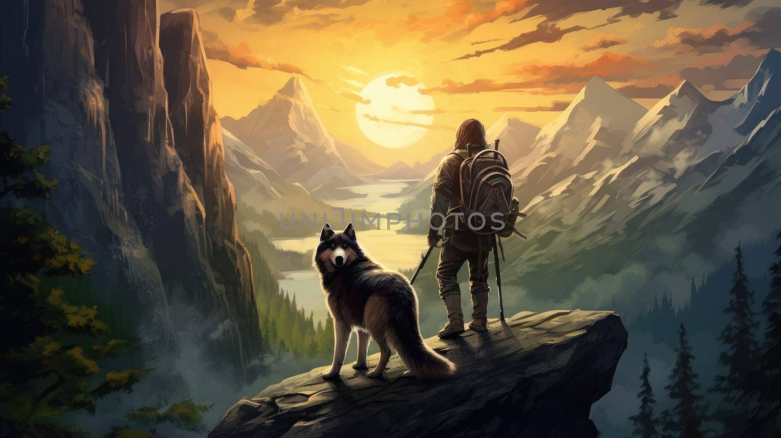 Hiking with husky photo realistic illustration - AI generated. Husky, dog, man, mountain, sunset.