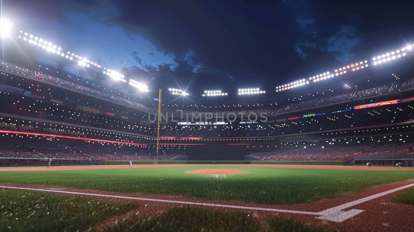 Low wide angle view of a baseball Stadium at night before a match by papatonic