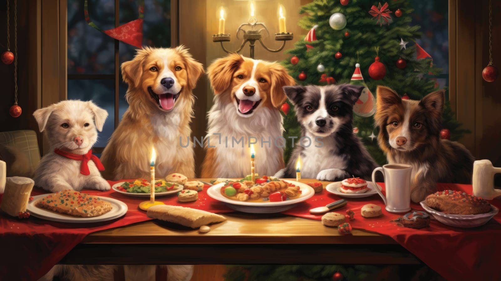 Holiday with pets photo realistic illustration - Generative AI. Dogs, christmas, tree, people, table. by simakovavector