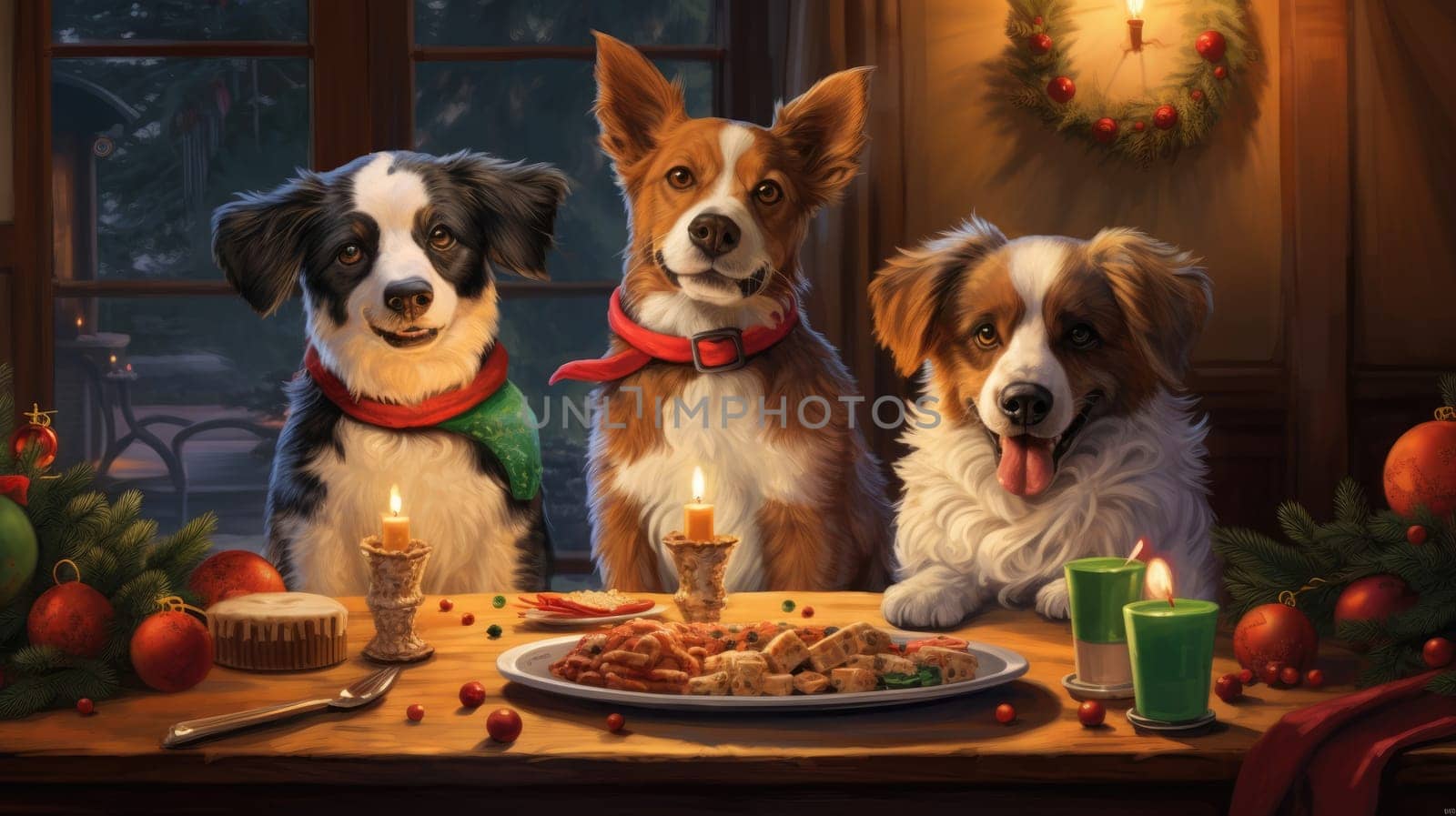 Holiday with pets photo realistic illustration - AI generated. Dogs, christmas, tree, people, table.