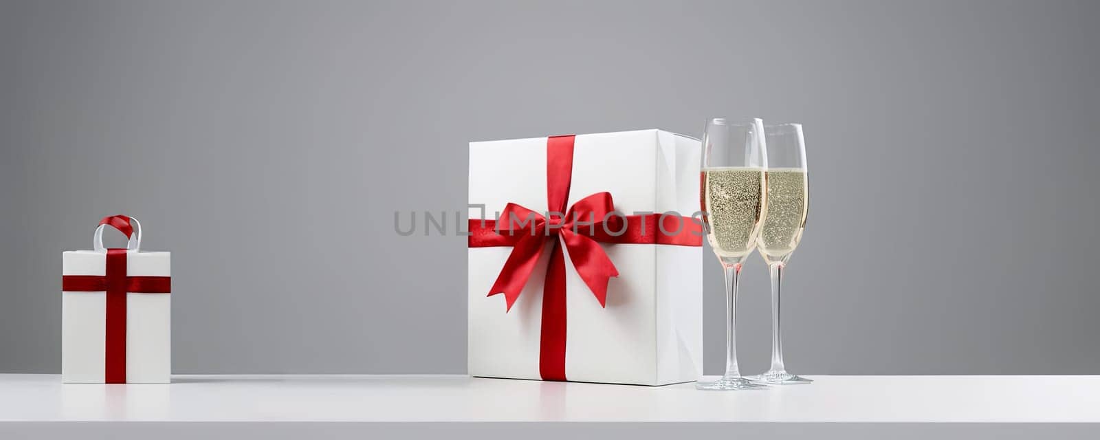 Gift boxes with red ribbons, with studio lighting and backdrop. Present, surprises, celebration and gift warping. by panophotograph