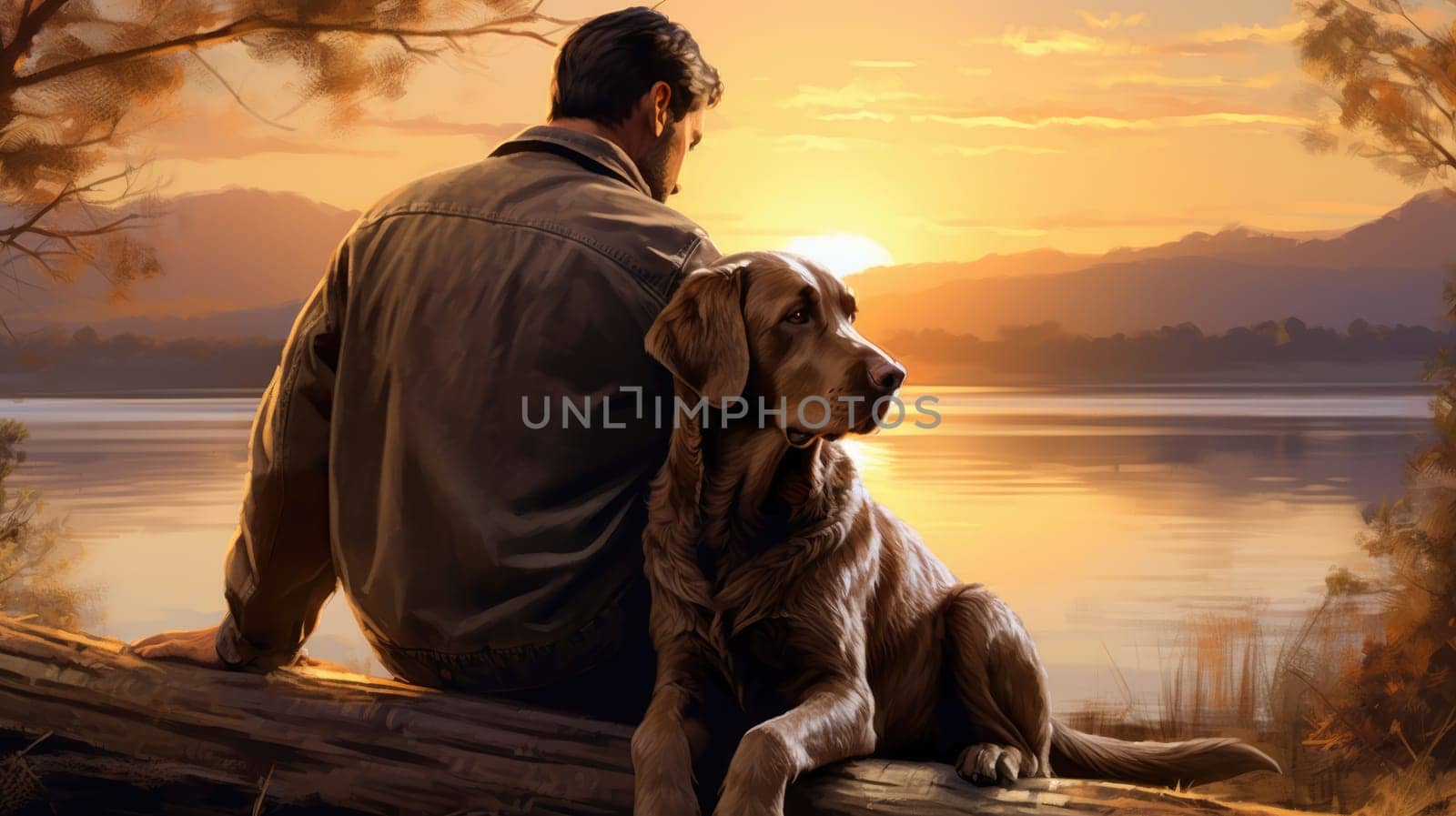 Loyal canine companion photo realistic illustration - Generative AI. Girl, dog, nature, grass, sunbeams. by simakovavector