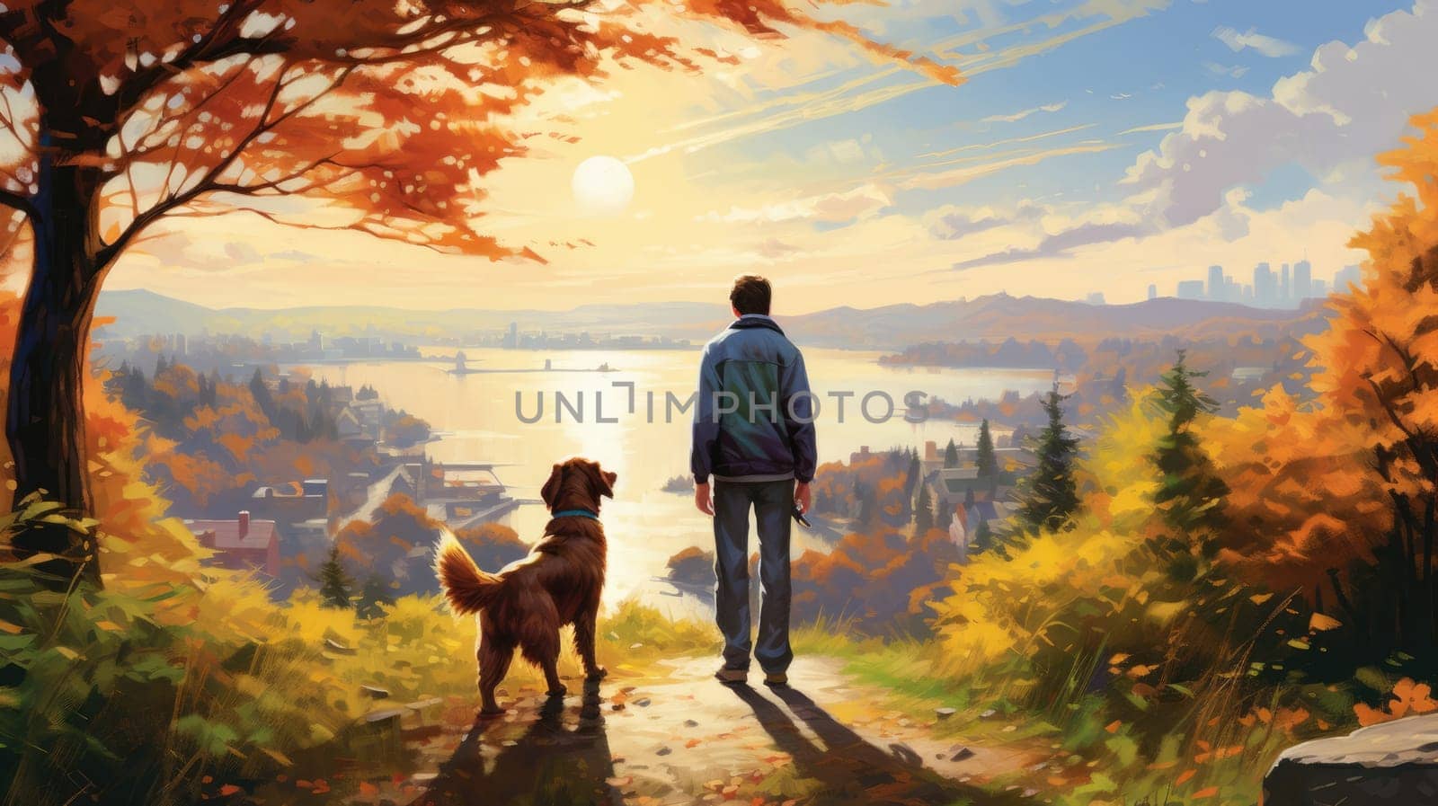 Walk with best friend photo realistic illustration - Generative AI. Man, dog, tree, seascape, houses. by simakovavector