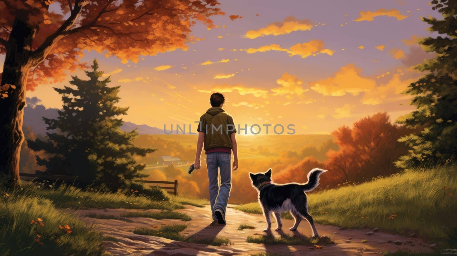 Walk with best friend photo realistic illustration - AI generated. Man, dog, tree, seascape, houses.