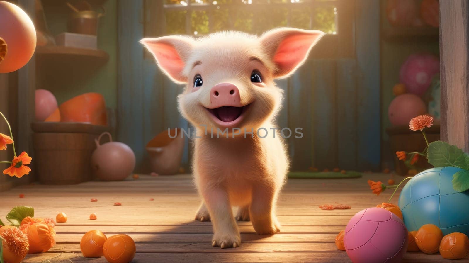 Piglet playtime photo realistic illustration - AI generated. Small, piglet, toys, flower.