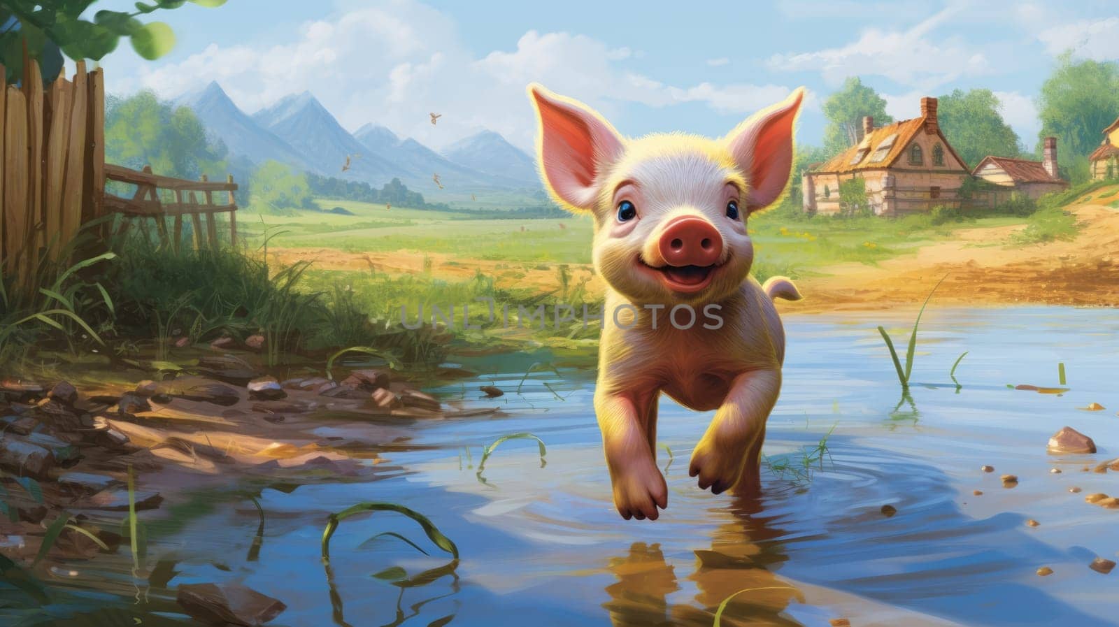 Piglet playtime photo realistic illustration - AI generated. Small, piglet, toys, flower.