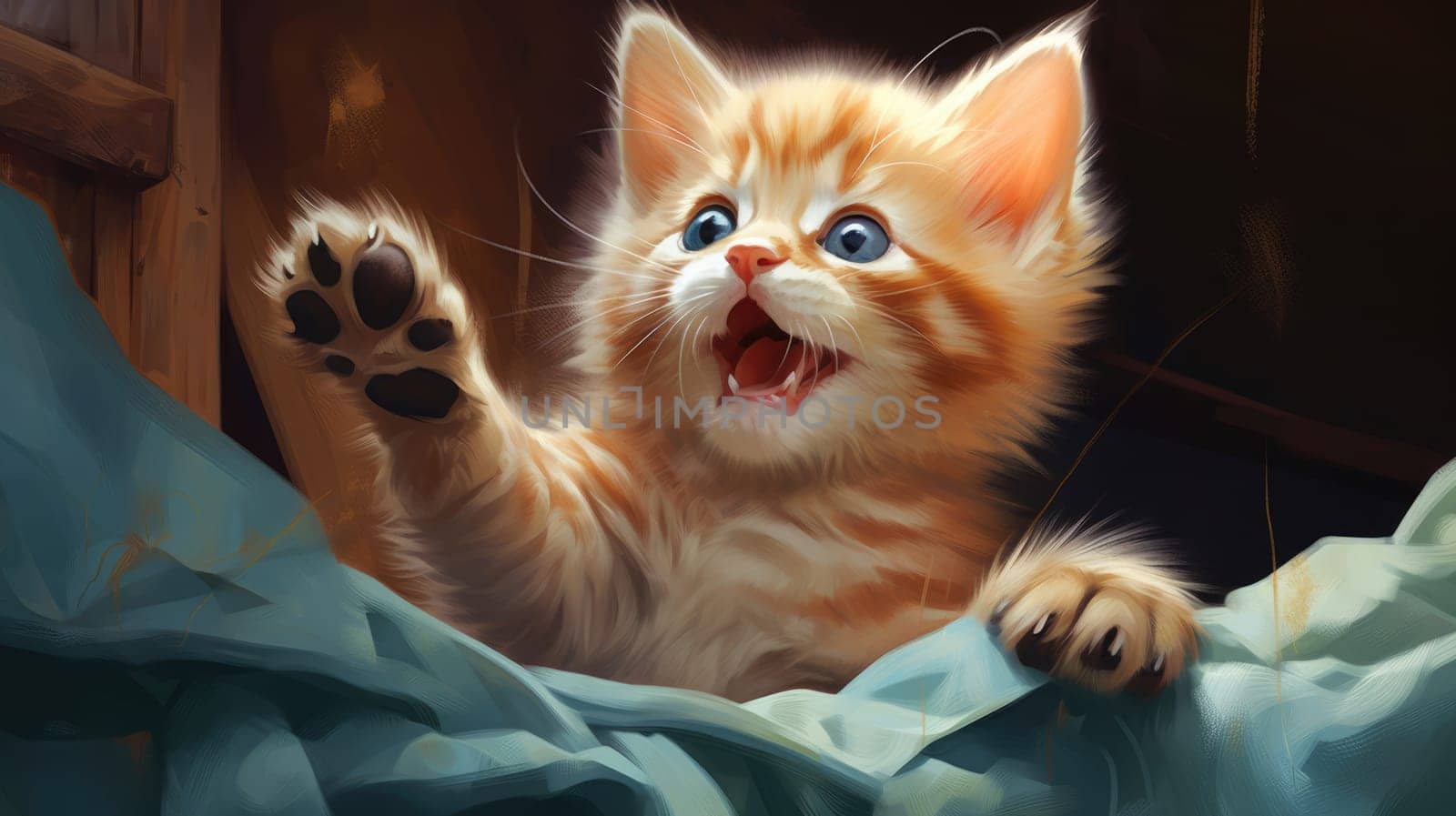 Playful kitten photo realistic illustration - AI generated. Red, fluffy, kitten, blue, eyes.