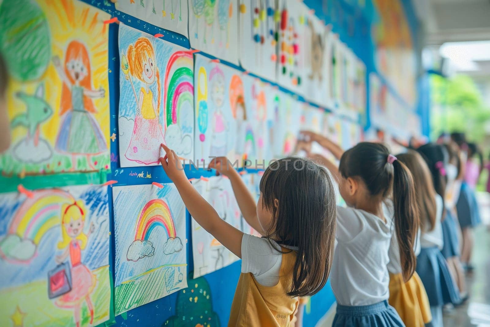 A group of children are drawing on a wall with pictures of rainbows by itchaznong