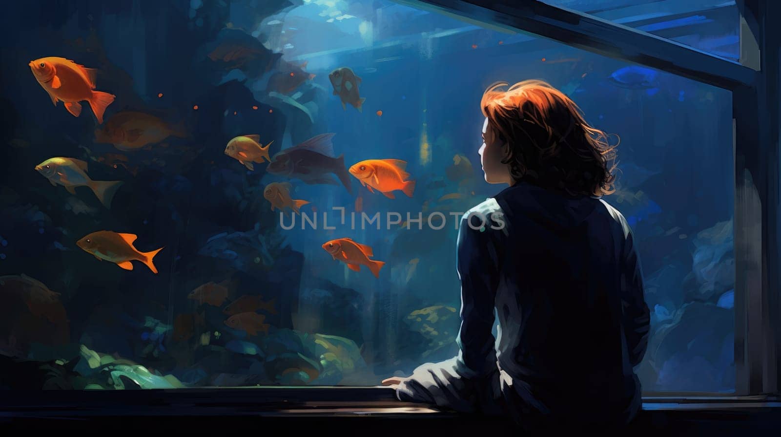 Quiet aquarium photo realistic illustration - Generative AI. Girl, watching, aquarium, blue, fish. by simakovavector