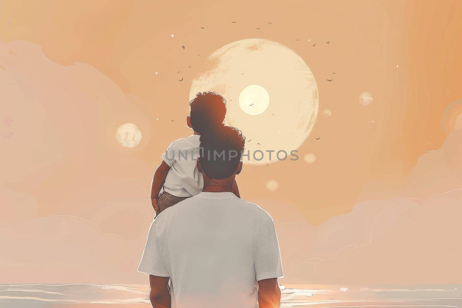 A man is holding a child on his shoulders while looking out at the ocean by itchaznong