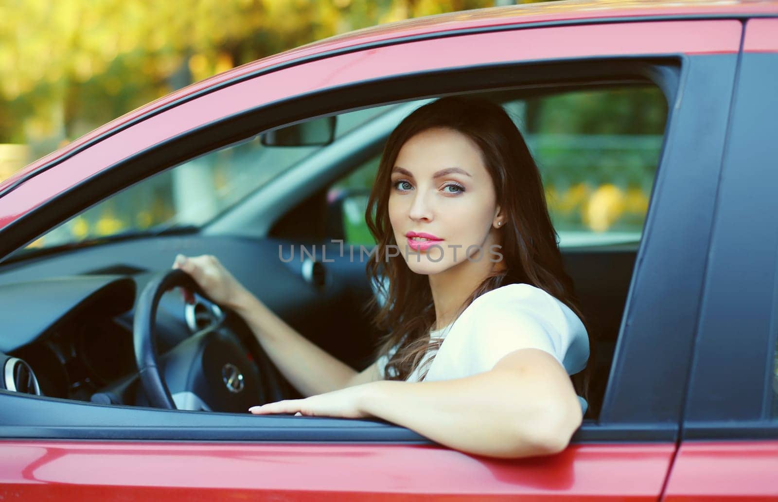 Happy smiling female driver sitting behind the wheel of car by Rohappy