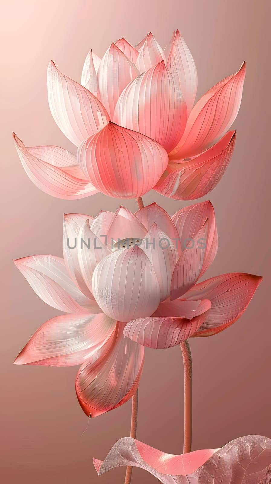 A closeup shot showcasing two pink lotus flowers with delicate petals on a matching pink background. The image captures the beauty and elegance of this terrestrial plant in the Zingiberales order