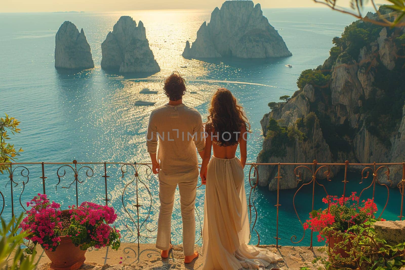 Silhouetted couple watches sunset on Capri, with vibrant skies and golden reflections along the rugged Mediterranean coastline