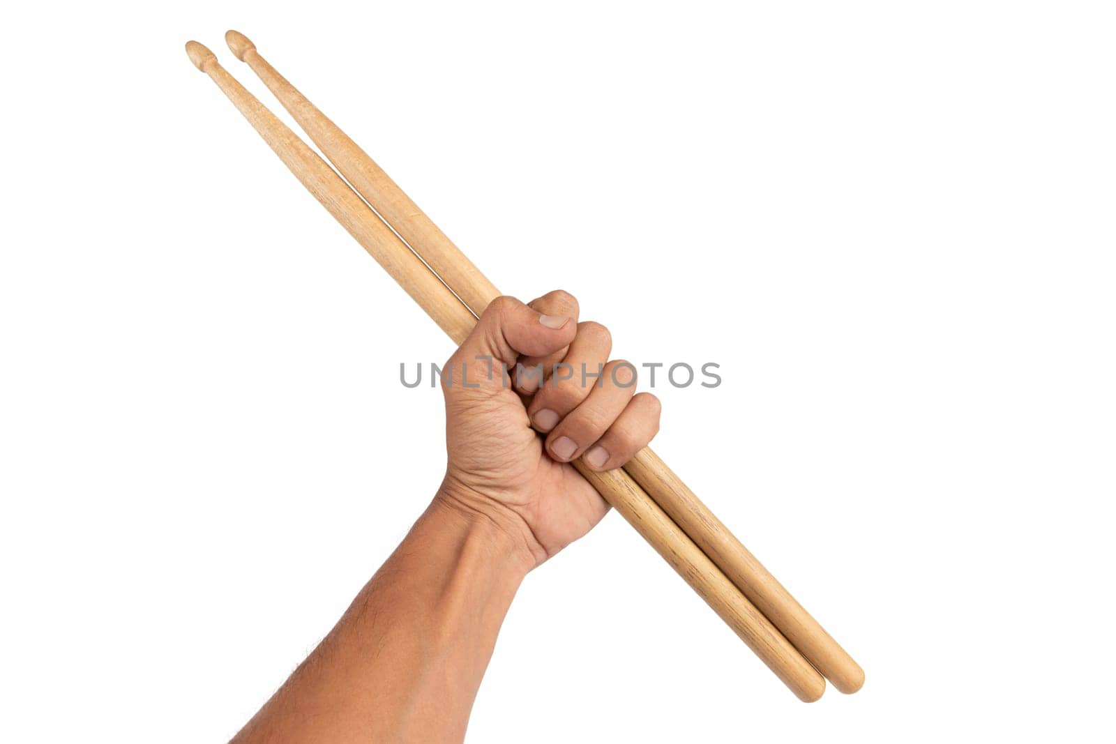 Black male hand holding wooden Drum sticks isolated on white background by TropicalNinjaStudio