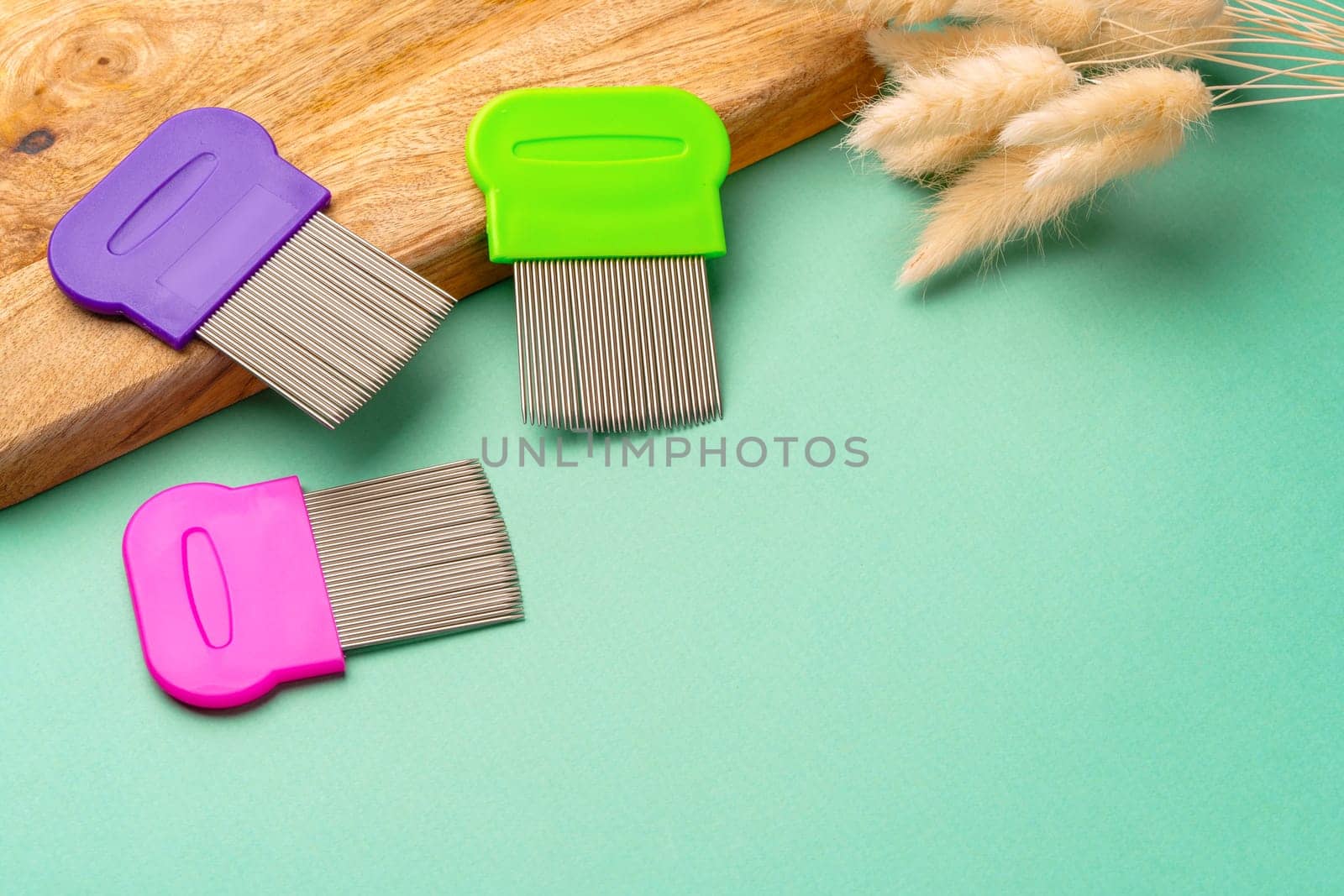 Three combs for lice removing on green background close up