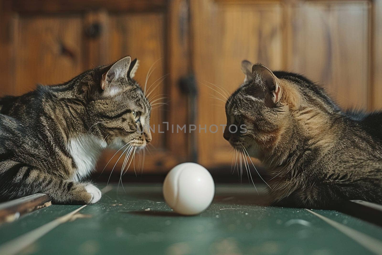 Two gray cats on a tennis table looking at a tennis ball. Table tennis game concept. Generated by artificial intelligence by Vovmar