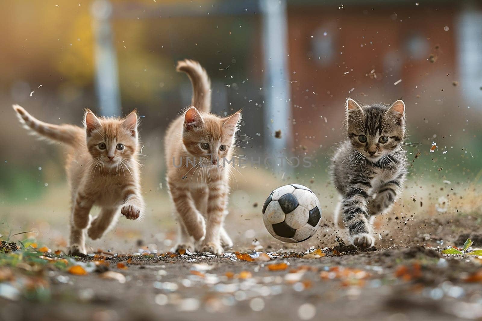 Three tabby cats playing soccer with an orange ball on juicy green lawn. Generated by artificial intelligence by Vovmar