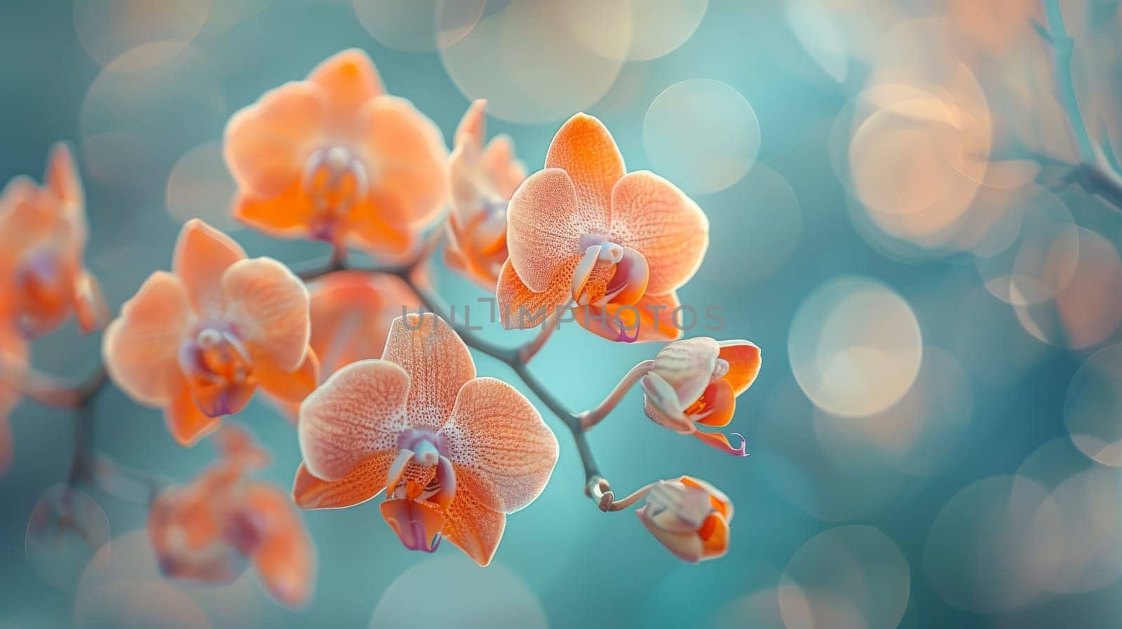 A close up of a branch with orange flowers on it. The flowers are in full bloom and the branch is surrounded by a blue background. Concept of serenity and beauty