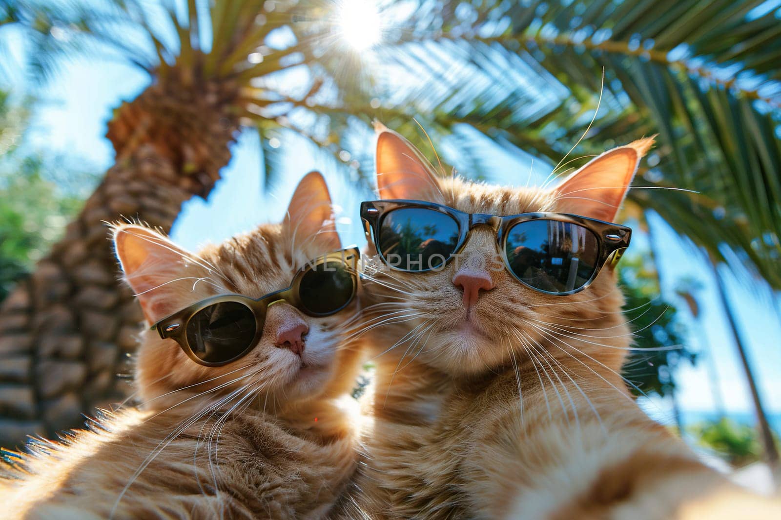 Two red tabby cats in sunglasses take a selfie on the beach. Humor, vacation concept.