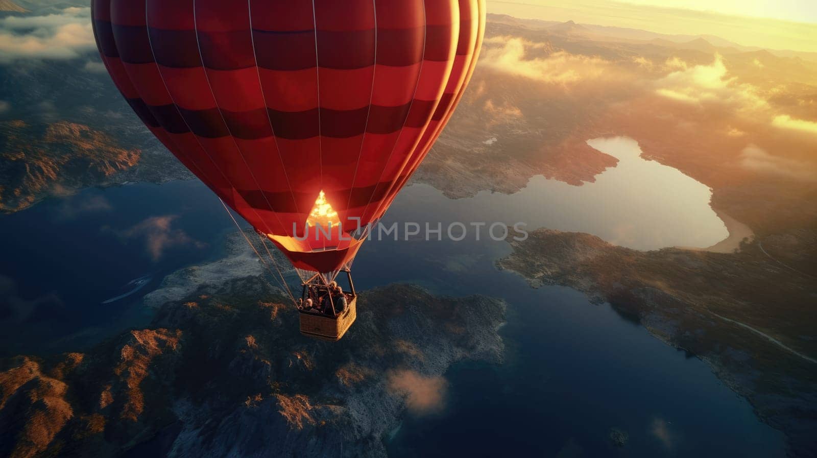 Quiet aquarium photo realistic illustration - Generative AI. Air, balloon, view, lake, mountain. by simakovavector
