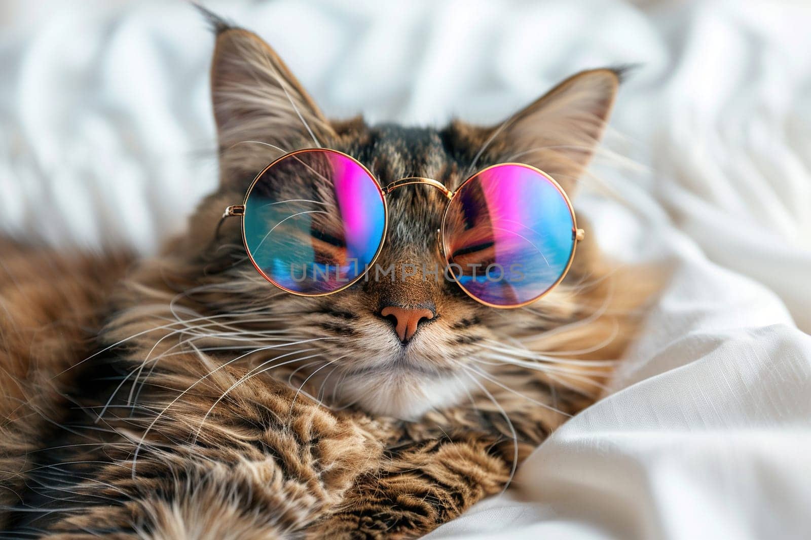 Portrait of a funny fluffy gray cat in sunglasses on the bed.