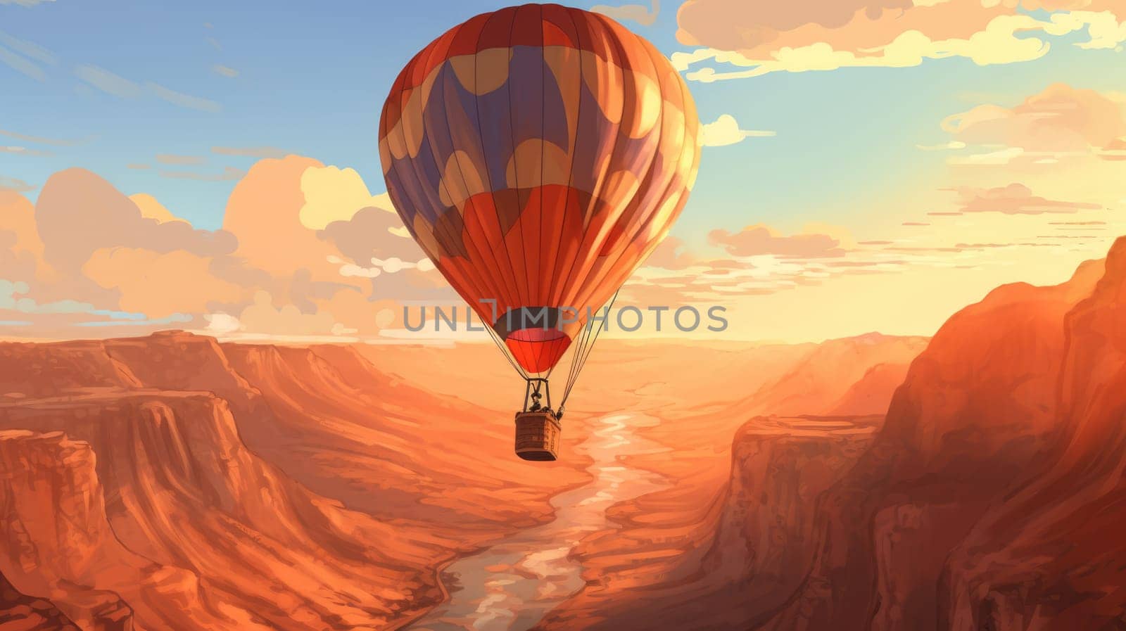 Quiet aquarium photo realistic illustration - Generative AI. Air, balloon, view, lake, mountain. by simakovavector