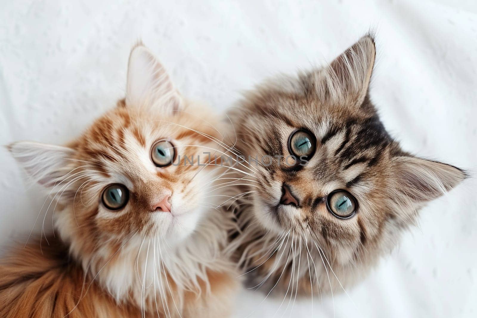Top view of two cute tabby kittens looking at the camera. Generated by artificial intelligence by Vovmar