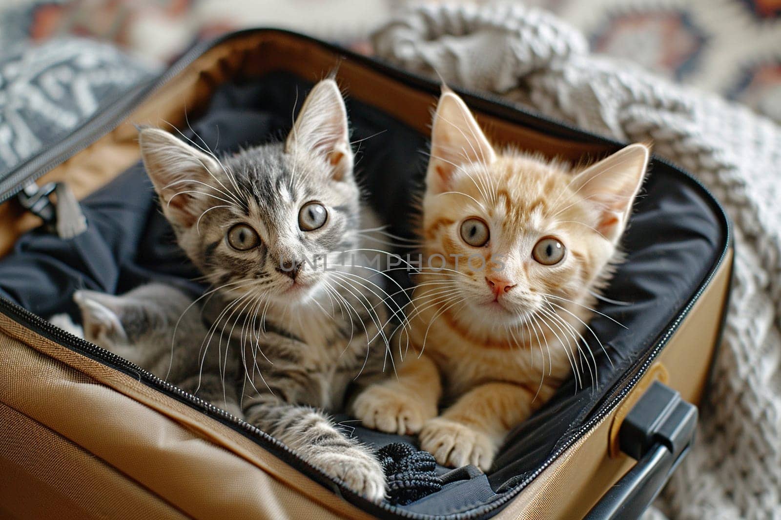 Two cute kittens are sitting in an open vintage suitcase with things. Travel, pets concept.