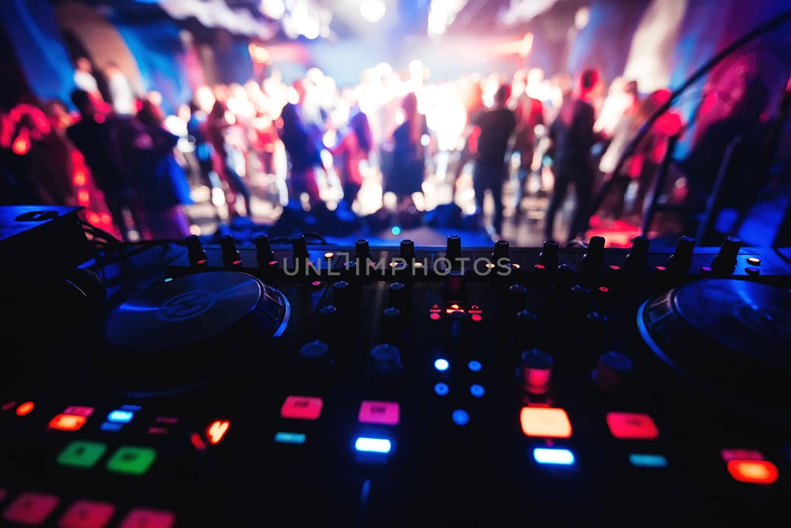 mixer and DJ booth in the nightclub at party c of multi-colored dancers on the dance floor blurred people