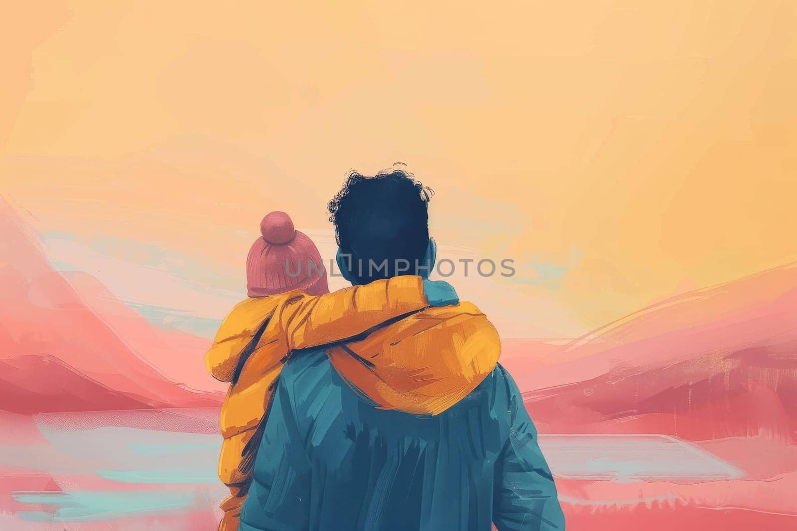 A man and a child are hugging in front of a mountain. The man is wearing a yellow jacket and the child is wearing a pink hat. Concept of warmth and love between the two