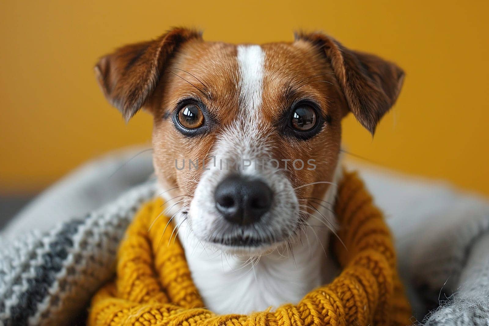 A Jack Russell dog wearing a knitted scarf looks at the camera on a yellow background. Generated by artificial intelligence by Vovmar