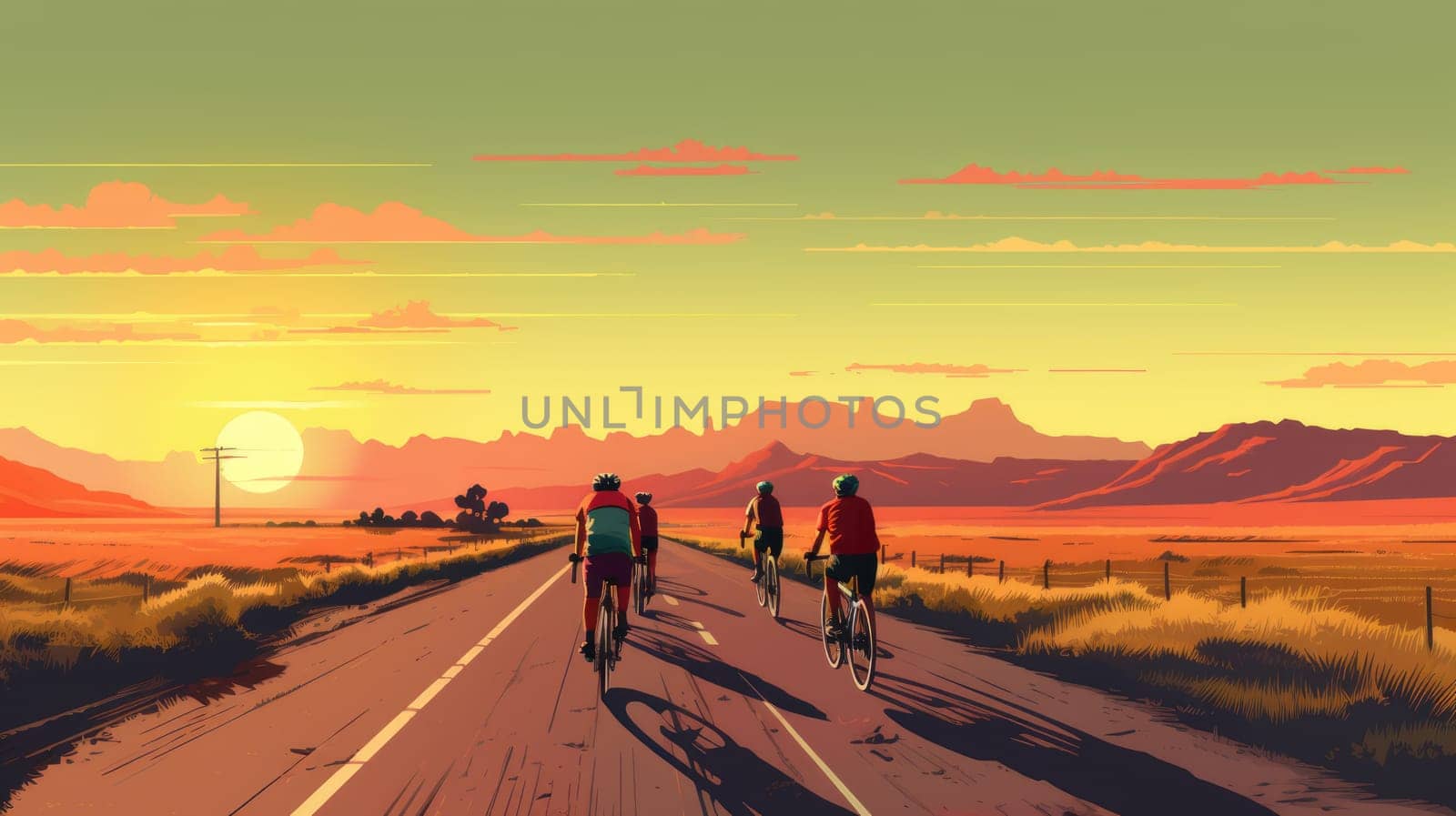 Bike touring adventure cartoon illustration - AI generated. Bike, road, people, sunset, desert.